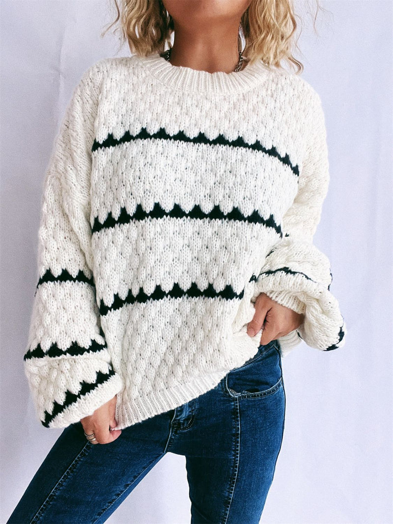 Contrast Stripes Round Neck Long Sleeve Sweater Trandify Deal
