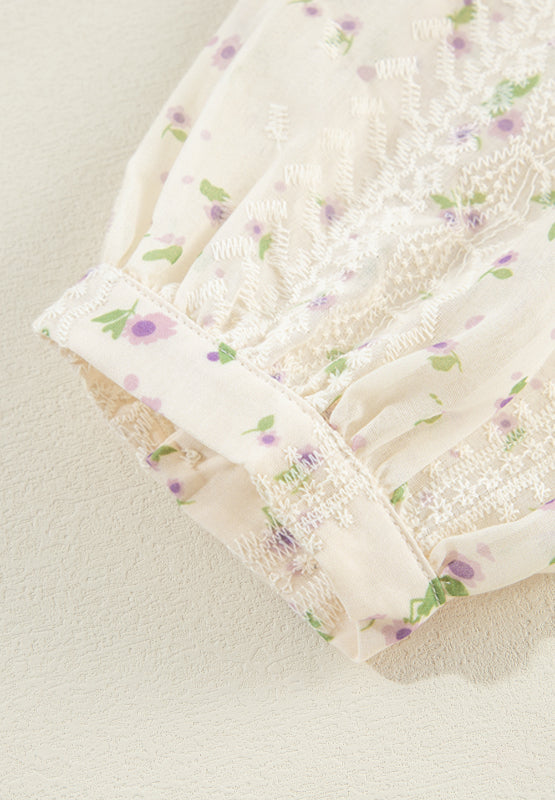 Frill Lace Detail Printed Tie Neck Long Sleeve Blouse Trandify Deal