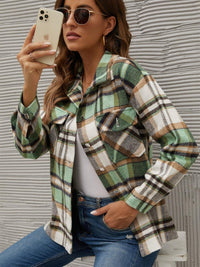 Plaid Collared Neck Long Sleeve Jacket Trandify Deal