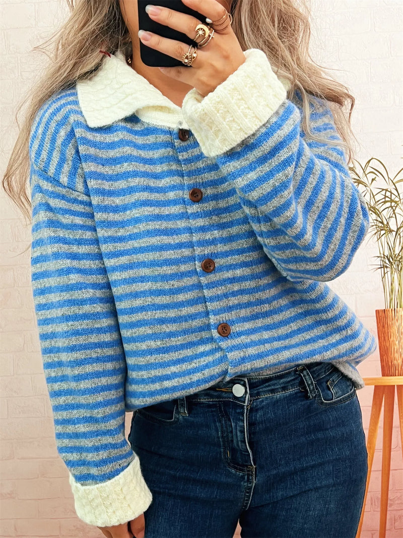 Women's Striped Knit Cardigan - V-Neck Button Down