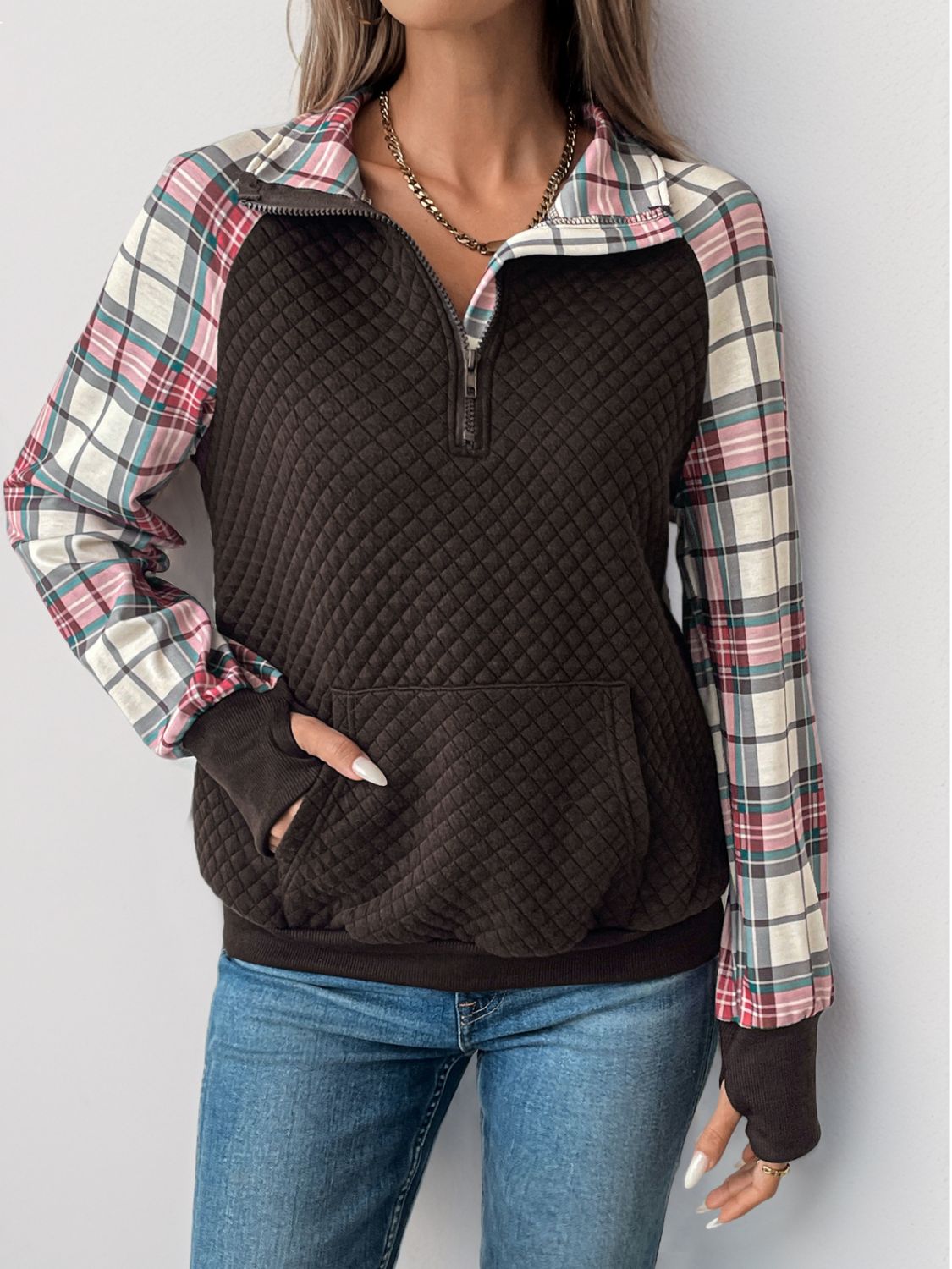 Perfee Plaid Half Zip Long Sleeve Sweatshirt Trandify Deal