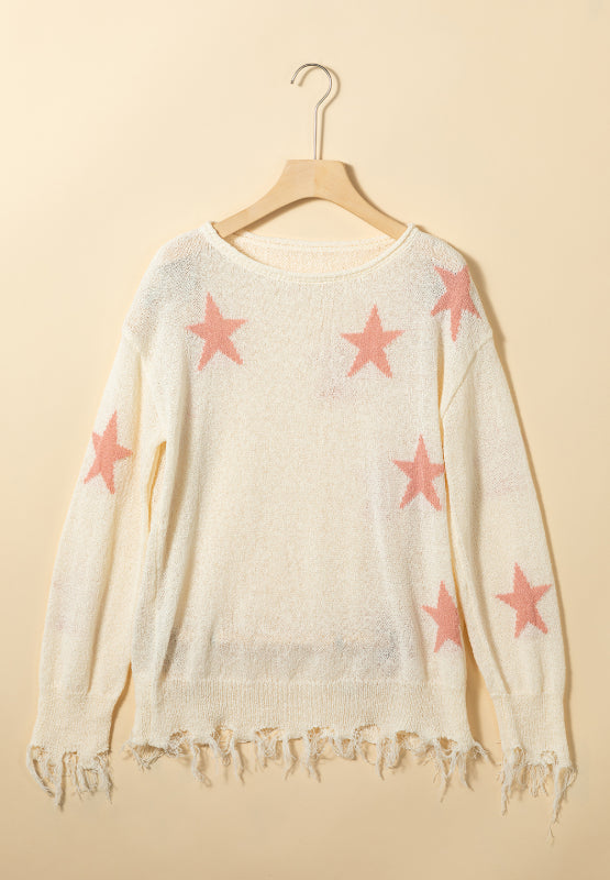 Contrast Star Raw Hem Long Sleeve Knit Top Trandify deal