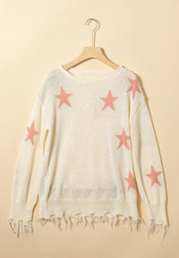 Contrast Star Raw Hem Long Sleeve Knit Top Trandify deal