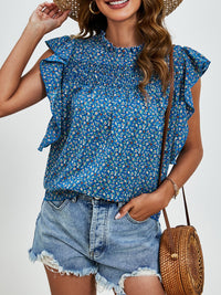 Ruffled Ditsy Floral Mock Neck Cap Sleeve Blouse Trandify deal