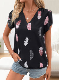 Perfee Printed V-Neck Short Sleeve Blouse Trandify deal