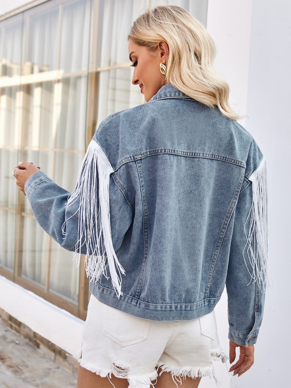 Tassel Button Up Dropped Shoulder Denim Jacket Trandify deal
