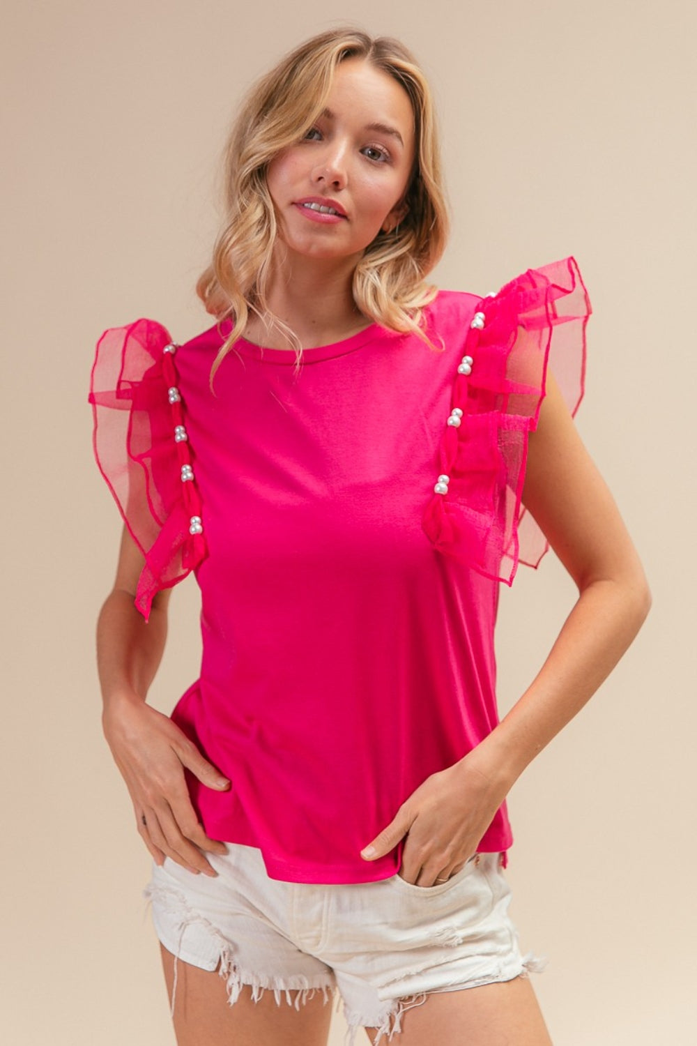BiBi Pearl Decor Mesh Ruffle Sleeve Top Trandify deal