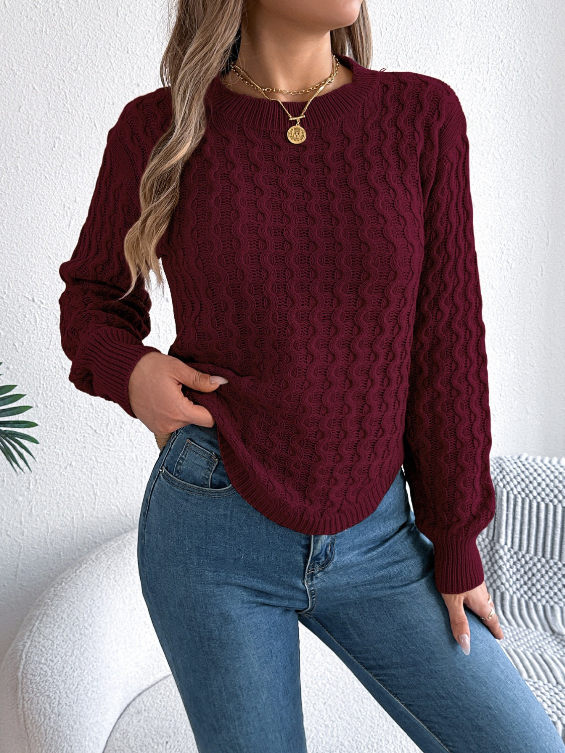 Asymmetric Hem Round Neck Long Sleeve Sweater Trandify Deal