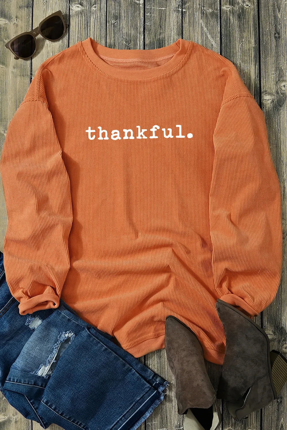 THANKFUL Round Neck Long Sleeve Sweatshirt Trandify Deal