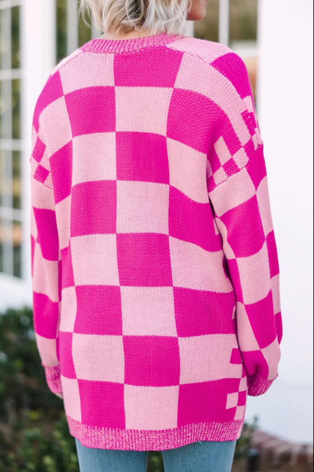 Checkered Open Front Long Sleeve Cardigan Trandify Deal