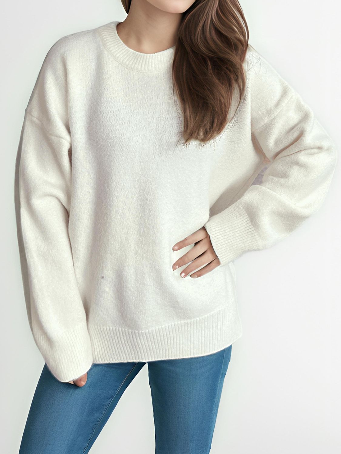 Round Neck Dropped Shoulder Long Sleeve Sweater Trandify Deal