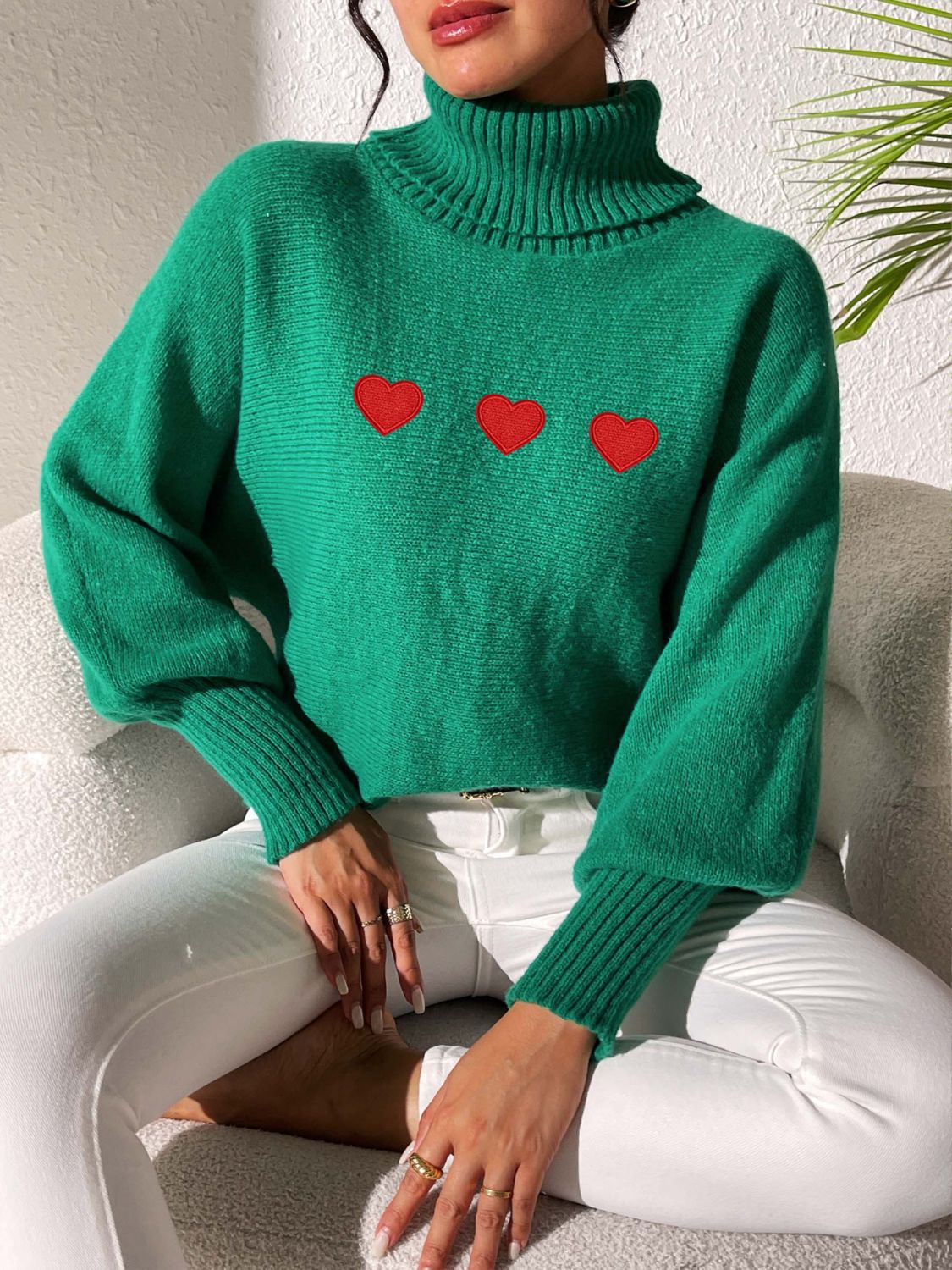 Heart Turtleneck Long Sleeve Sweater Trandify Deal
