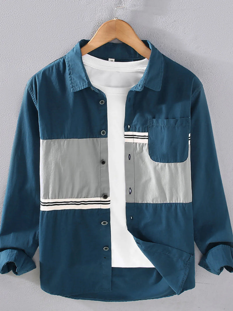 Plus Size Men’s Color Block Button-Up Shirt – Long Sleeve Slim Fit Casual Top for Big & Tall Men – Trendy Office & Party Wear