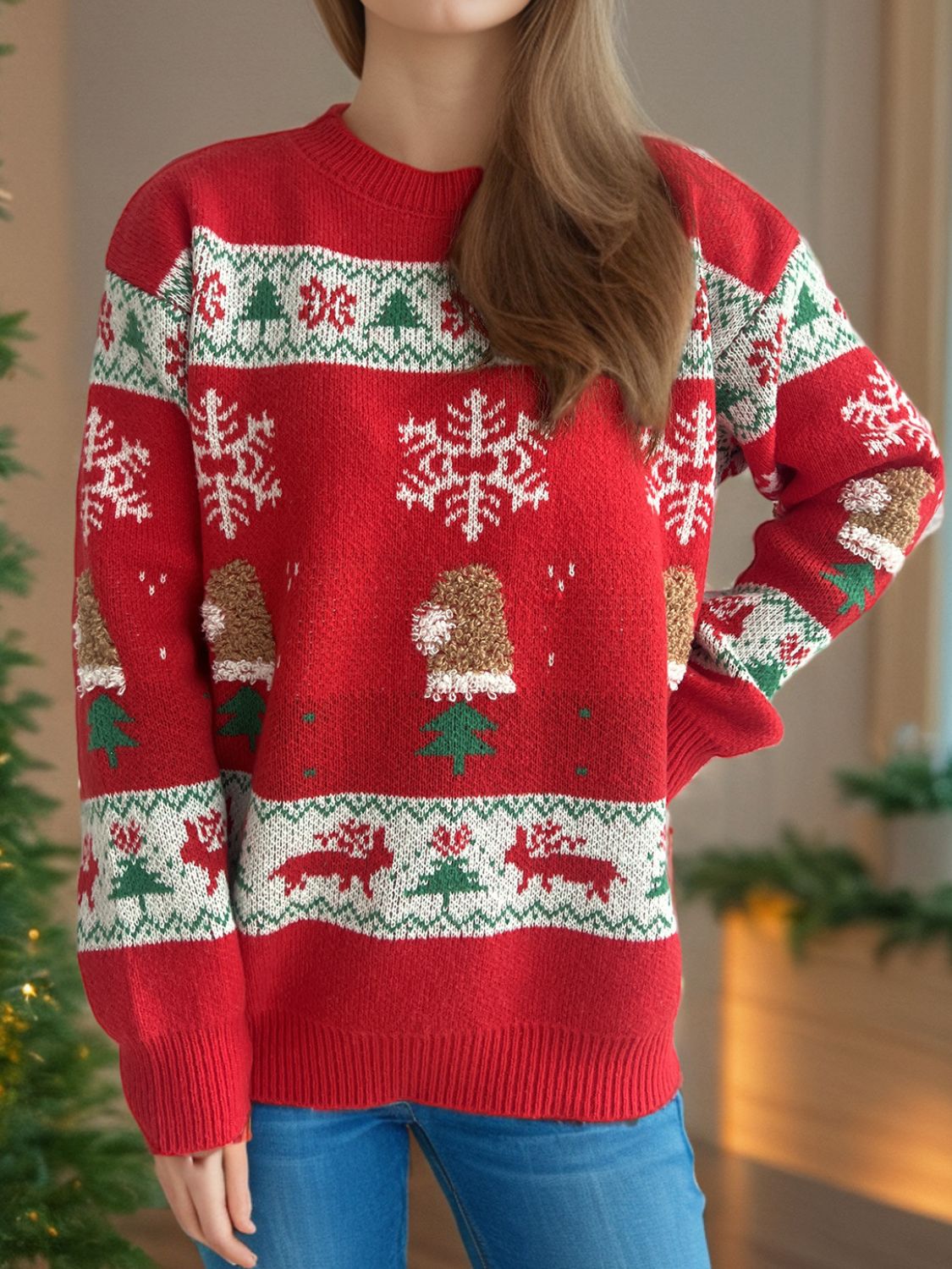 Christmas Element Round Neck Long Sleeve Sweater Trandify Deal