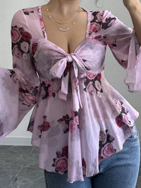 Floral Tie Front Blouse with Flare Sleeves and Bow Detail