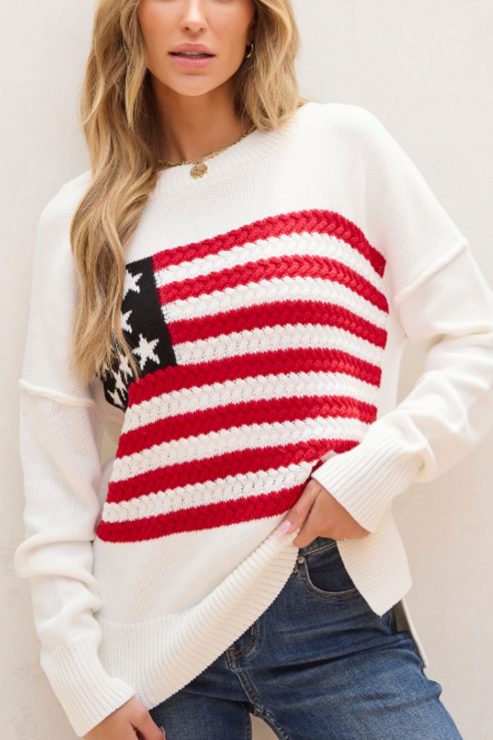 US Flag Side Slit Drop Shoulder Sweater Trandify Deal
