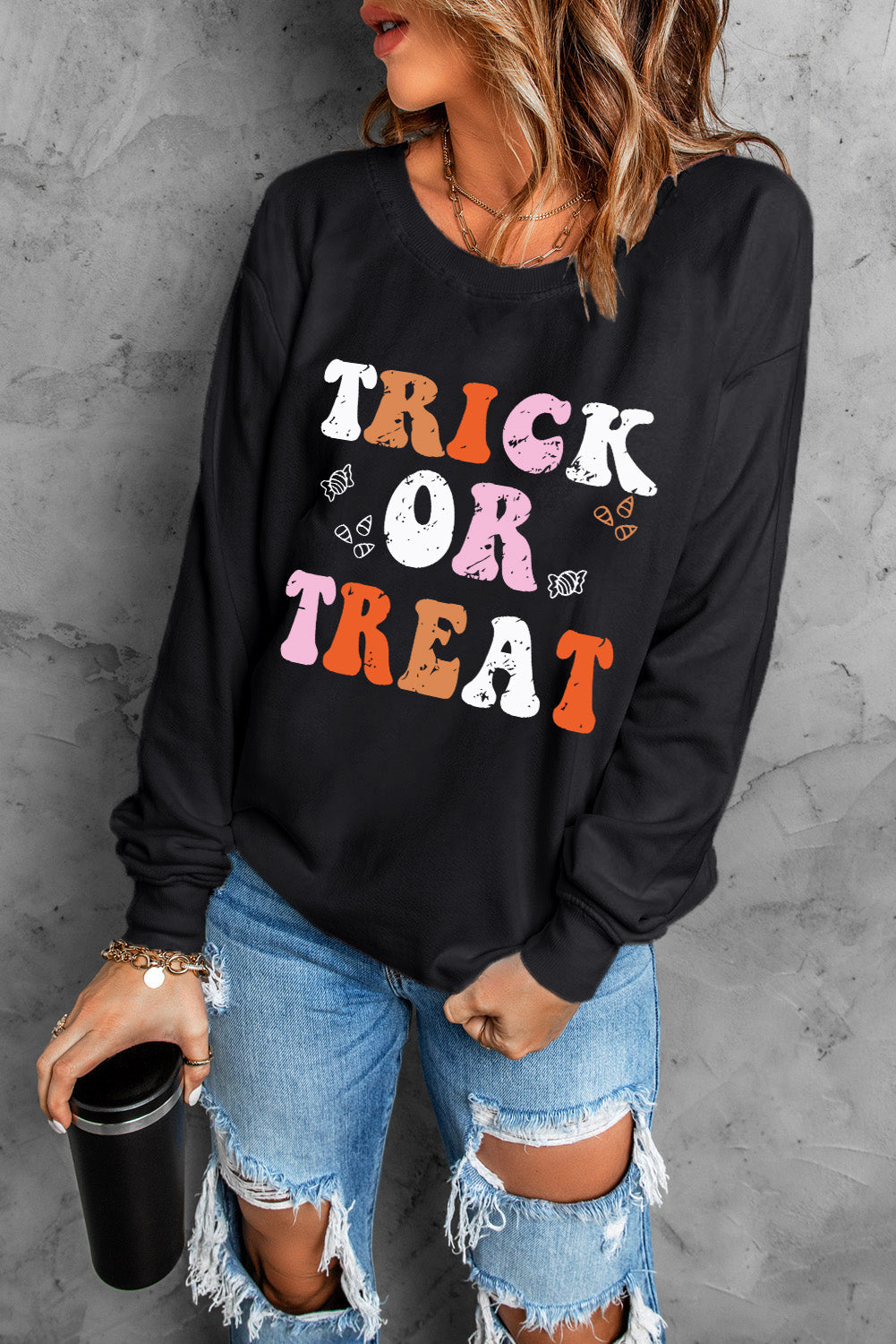 Letter Graphic Round Neck Long Sleeve Sweatshirt Trandify Deal