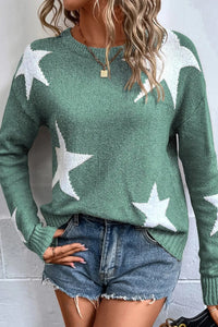 Star Round Neck Dropped Shoulder Sweater - Trandify Deal