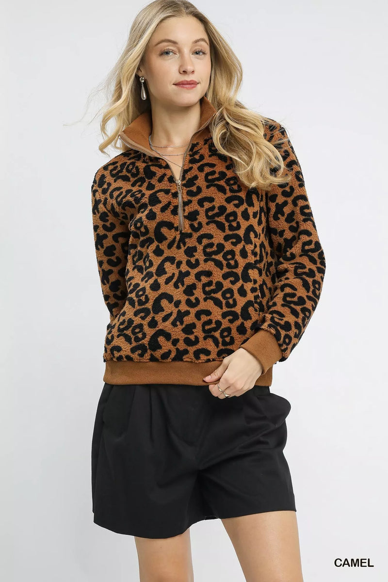 Leopard Print Quarter Zip Sweatshirt Women's Pullover with Front Pocket