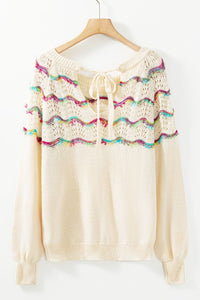 Boho striped openwork knit sweater for women, y2k crochet top