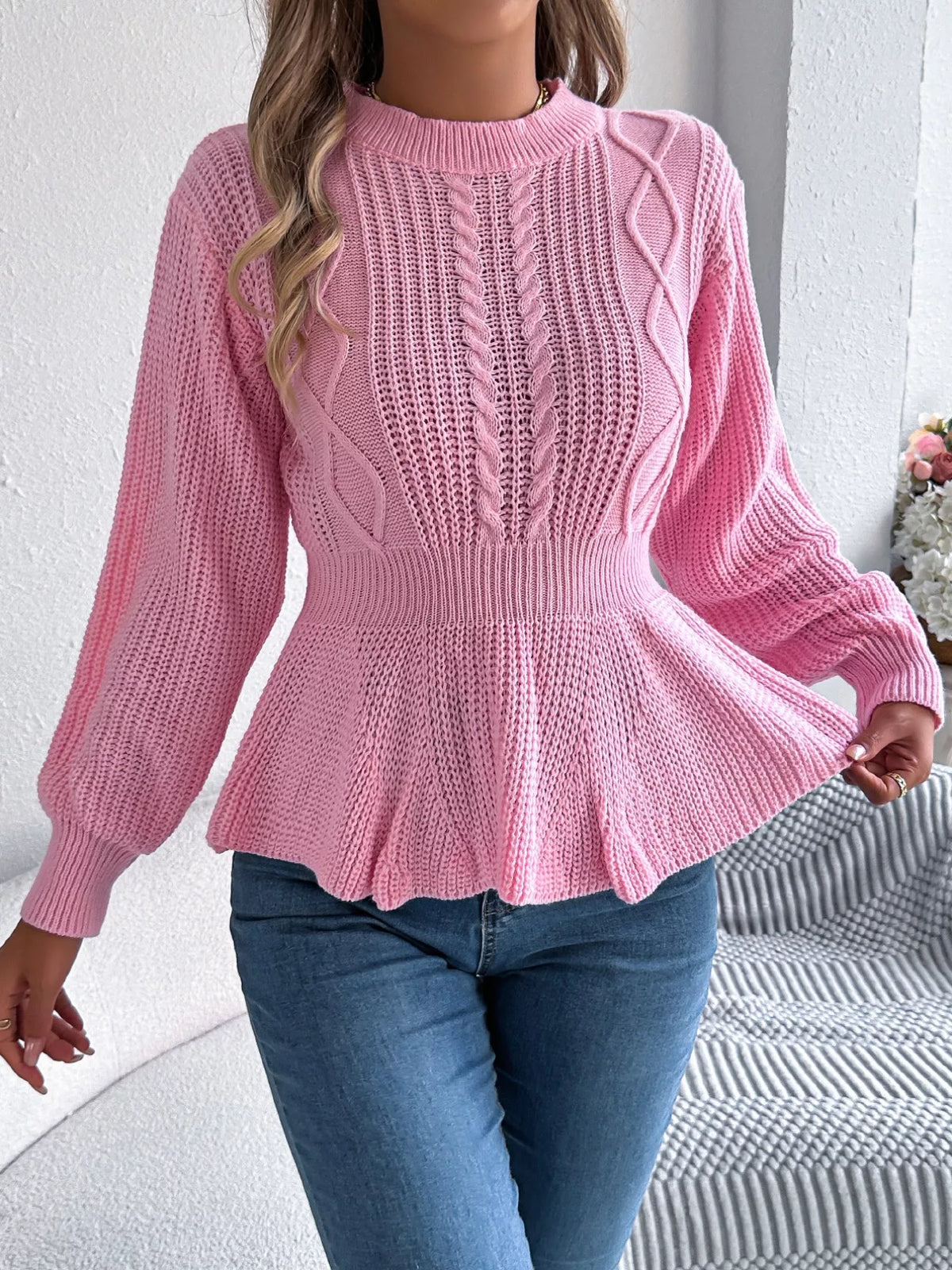 Women's Cable Knit Peplum Sweater | Cozy Acrylic Top