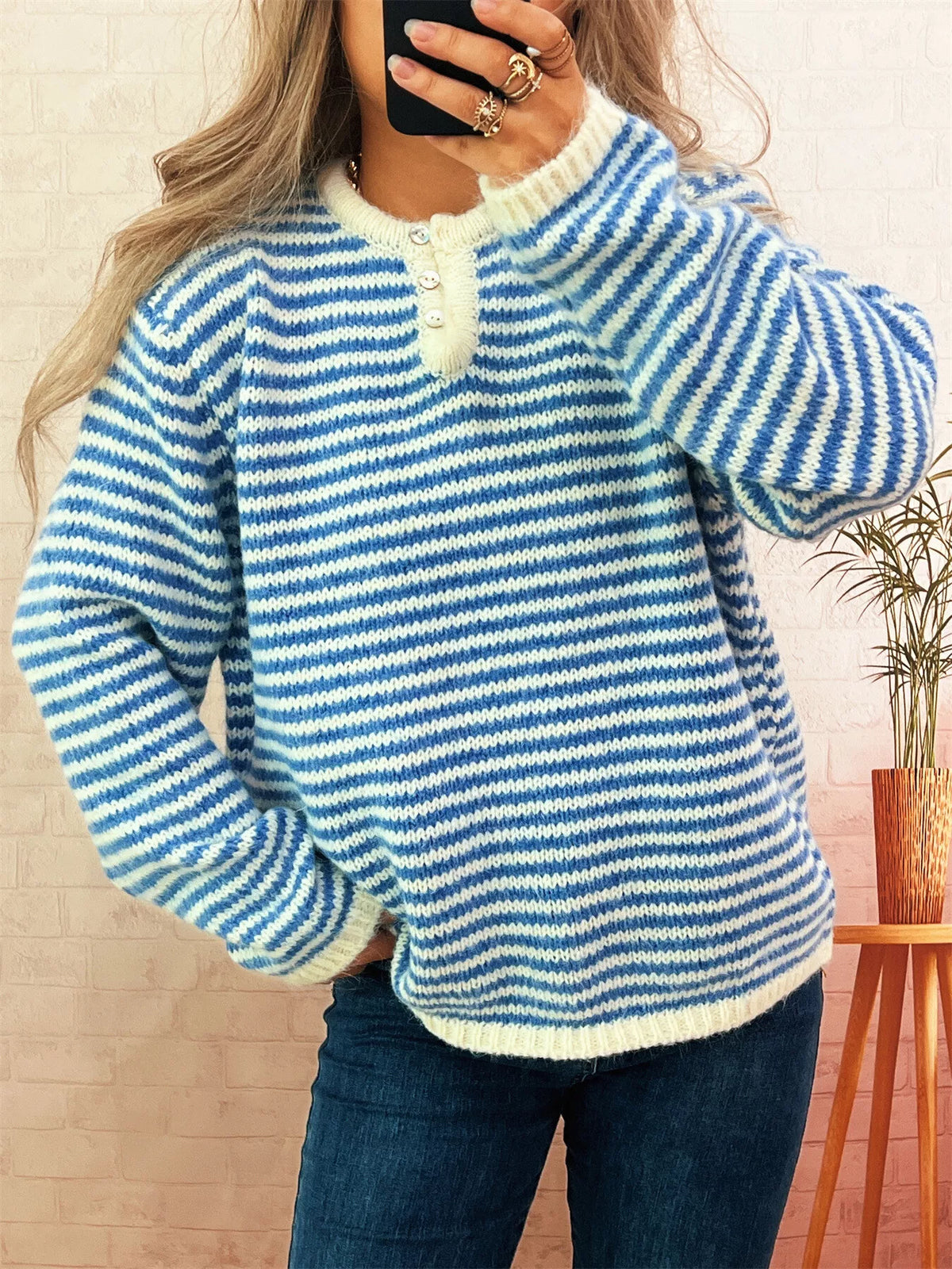 Women's Striped Button Sweater - Long Sleeve Knit Top