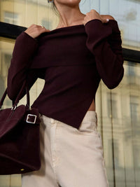 Asymmetrical Hem Off-Shoulder Knit Top | Casual Long Sleeve Top