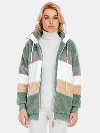 Full Size Drawstring Color Block Zip Up Hooded Outerwear Trandify Deal