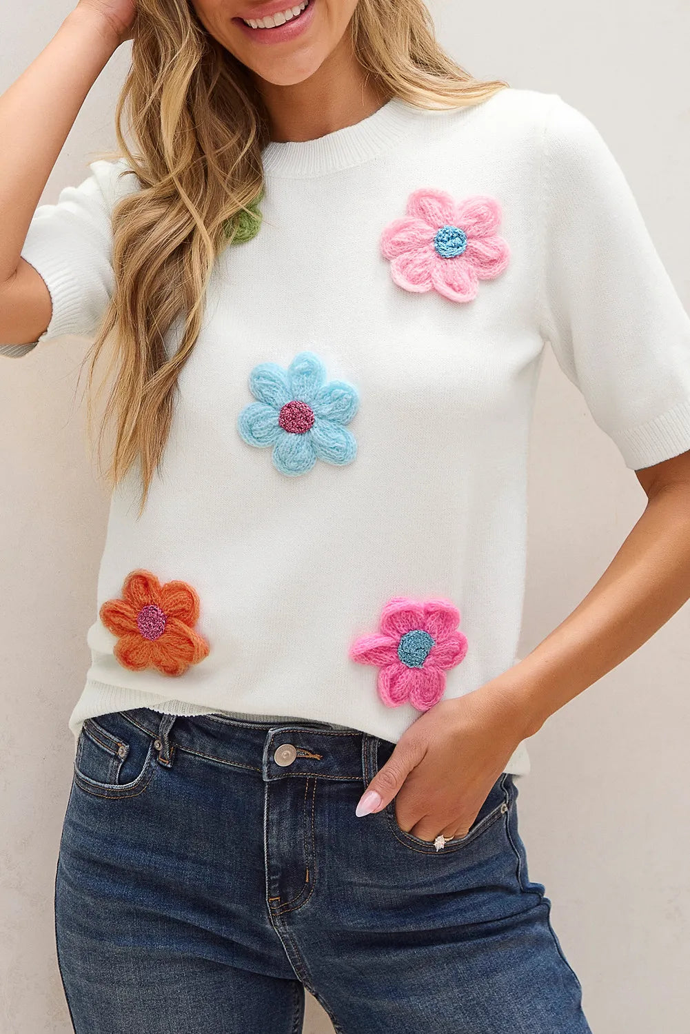 Flower Round Neck Short Sleeve Sweater Trandify deal