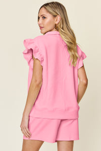 Double Take Full Size Texture Flounce Sleeve Top and Drawstring Shorts Set - Trandify Deal