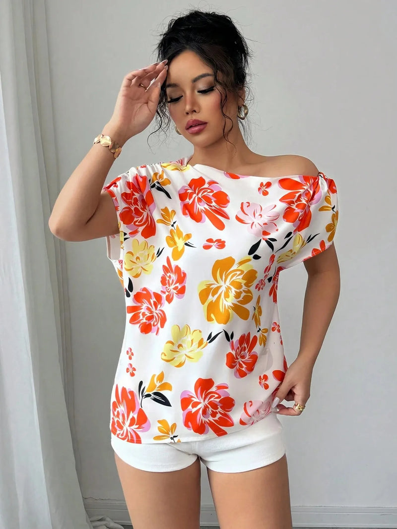 Floral print one shoulder blouse for women – short sleeve ruffled boho top in summer colors