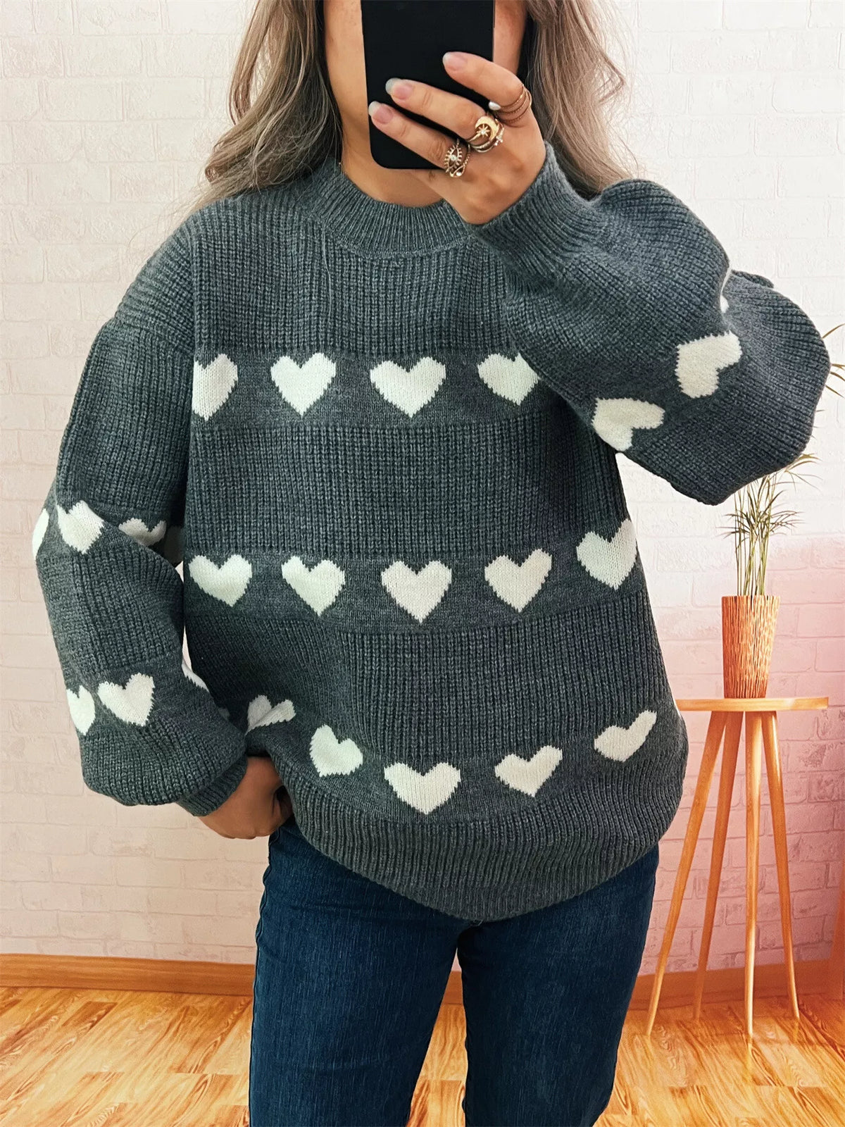 Women's Heart Pattern Sweater - Cute Dropped Shoulder Pullover