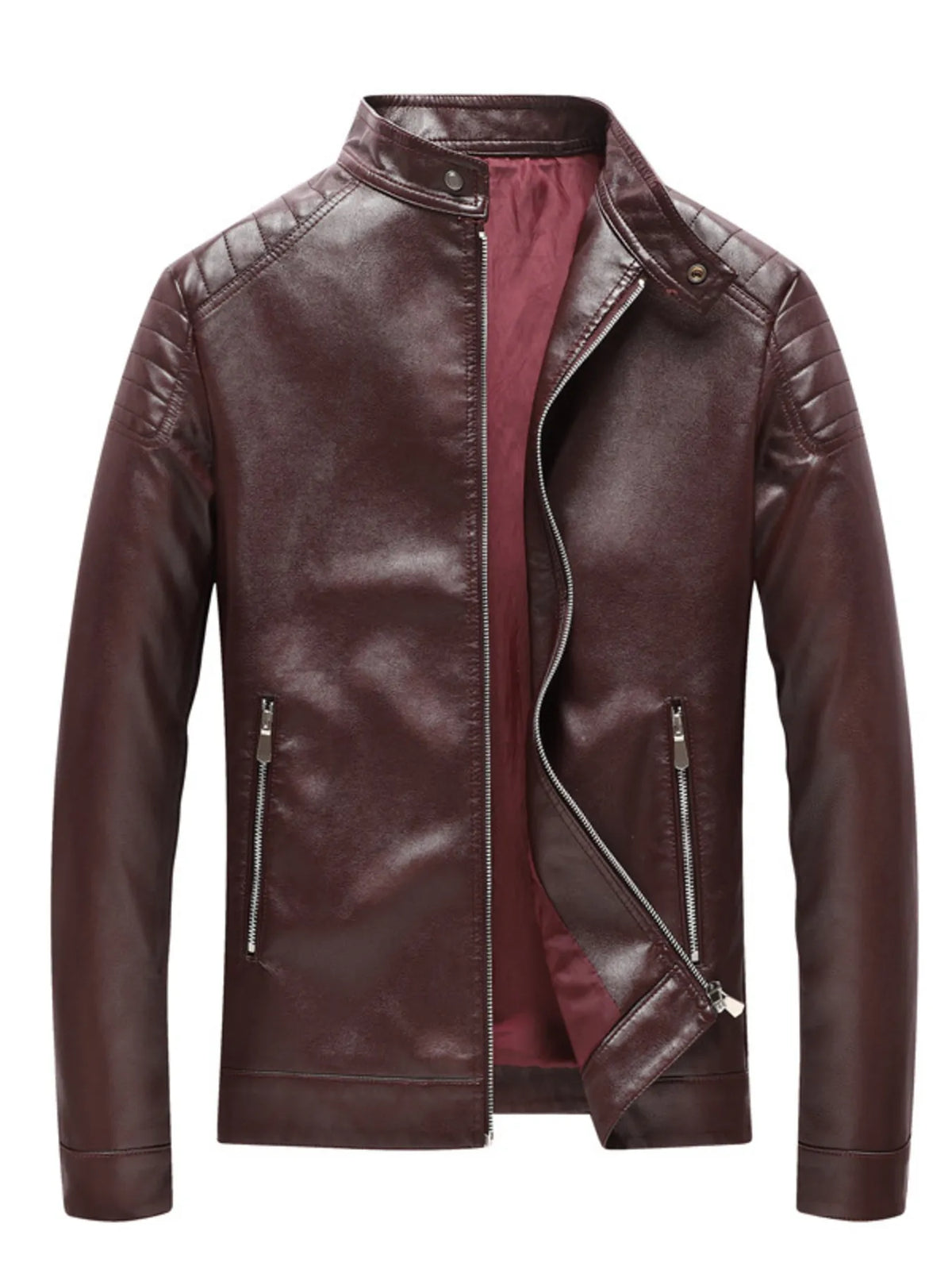 Men's Plus Size Burgundy PU Leather Jacket, open front zipper showing casual style