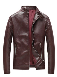 Men's Plus Size Burgundy PU Leather Jacket, open front zipper showing casual style