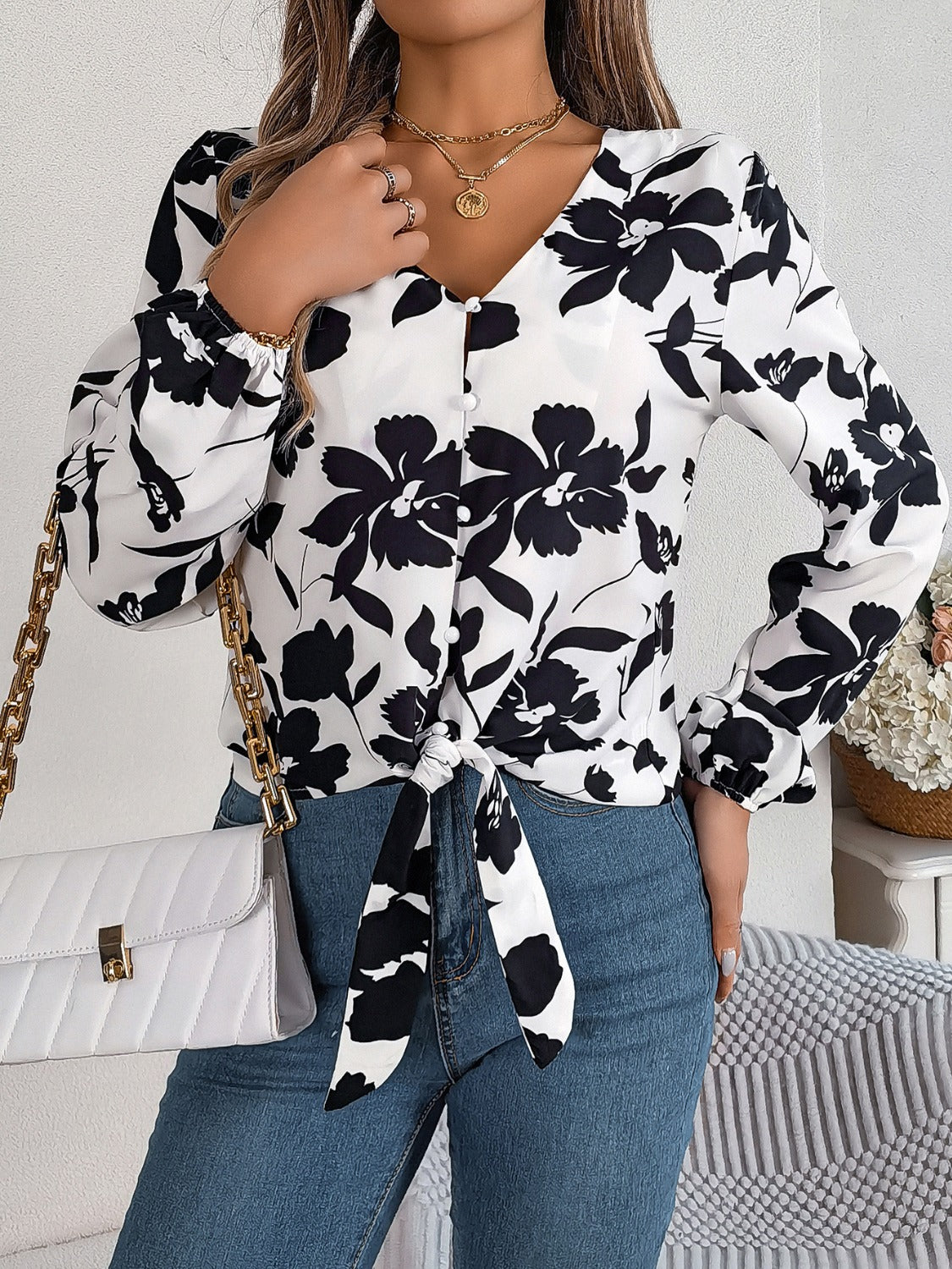 Printed V-Neck Long Sleeve Blouse Trandify deal