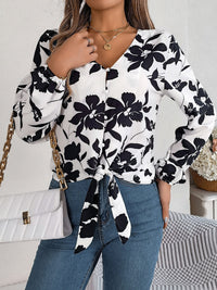 Printed V-Neck Long Sleeve Blouse Trandify deal