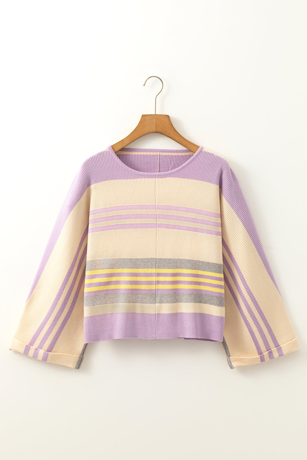 Contrast Striped Round Neck Three-Quarter Sleeve Top Trandify deal