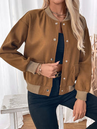 Perfee Baseball Collar Snap Down Long Sleeve Jacket Trandify Deal