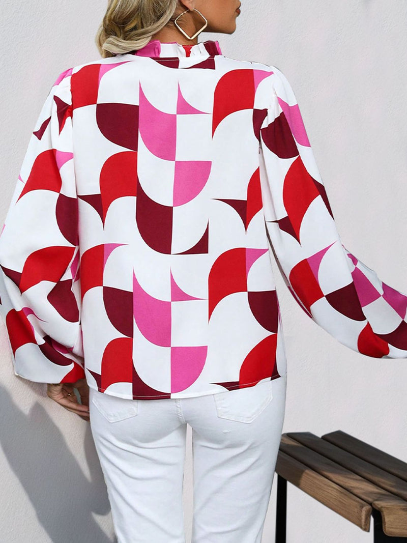 Perfee Frill Notched Long Sleeve Blouse Trandify Deal