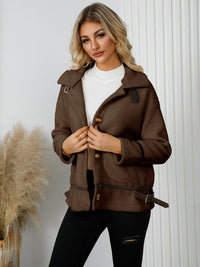 Pocketed Button Down Collared Neck Jacket Trandify Deal