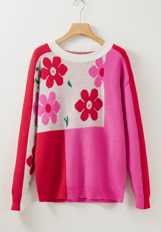 Flower Color Block Round Neck Sweater Trandify Deal