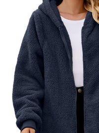 Fuzzy Pocketed Zip Up Long Sleeve Hooded Jacket Trandify Deal