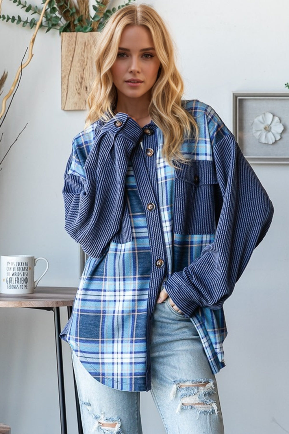 OH Plaid Button-Up Long Sleeve Shacket for Women with Breast Pockets – TrandifyDeal