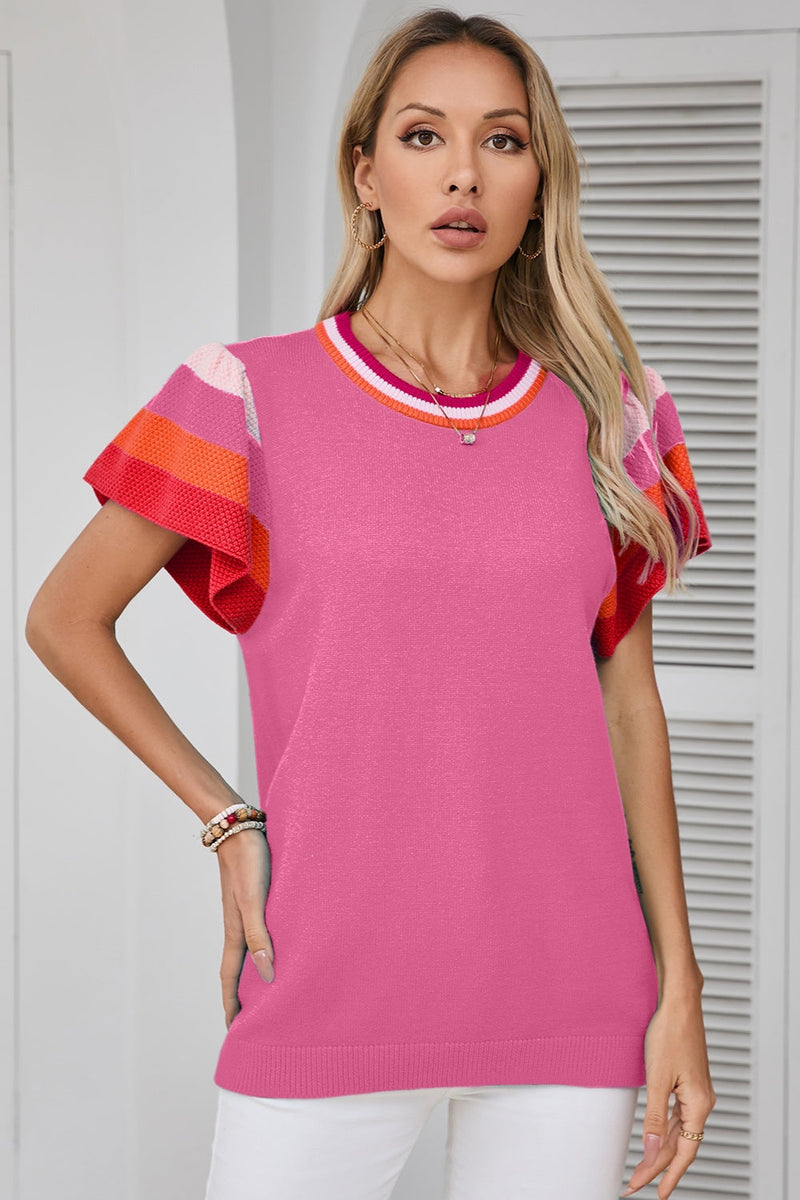 Color Block Round Neck Knit Top Trandify deal