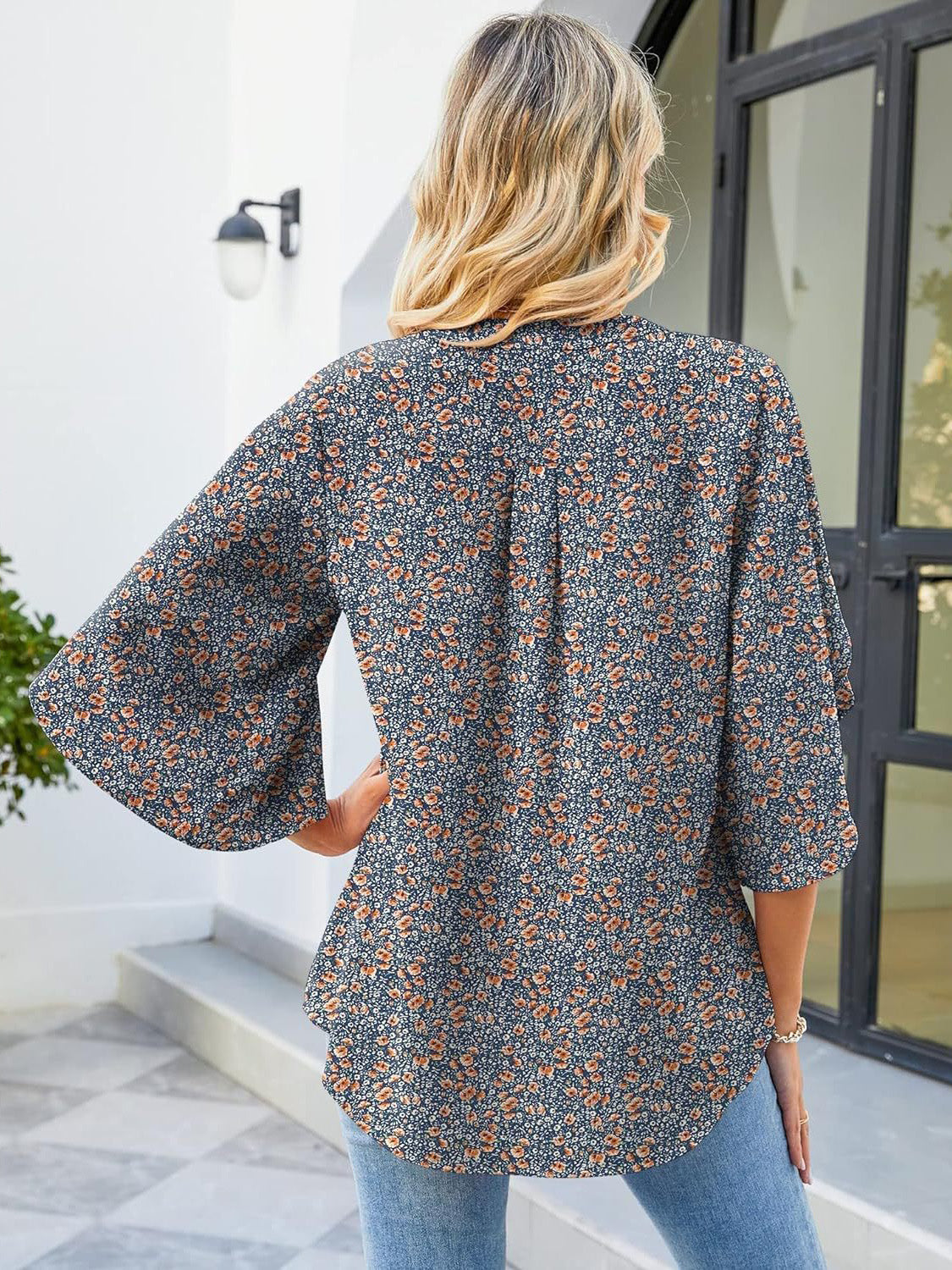 Printed Notched Half Sleeve Blouse Trandify Deal