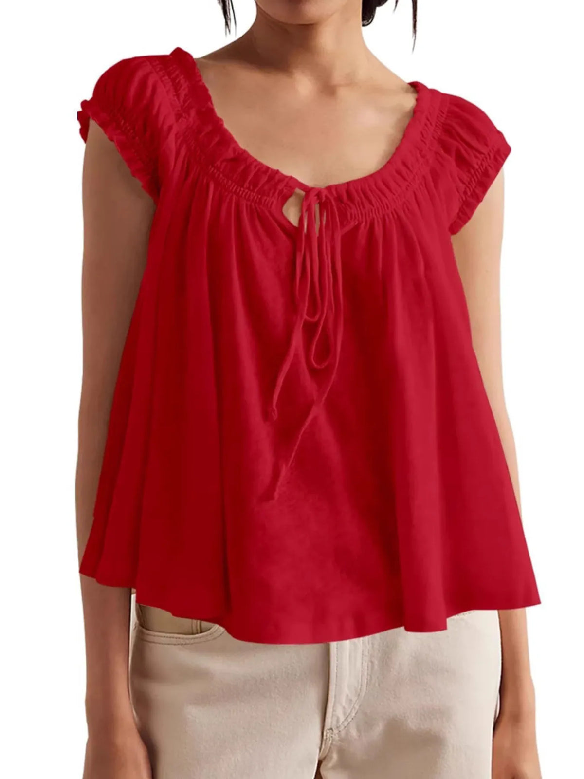 Women’s Tie-Front Smocked Blouse in Red – Boho Chic Ruffled Sleeve Top for Summer