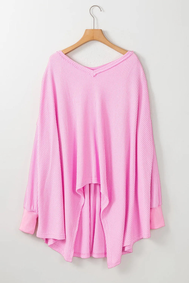 Waffle-Knit V-Neck Long Sleeve Blouse Trandify Deal