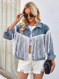 Tassel Button Up Dropped Shoulder Denim Jacket Trandify deal