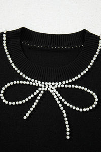Pearl Bow Necklace Embellished Short Sleeve Knit Top