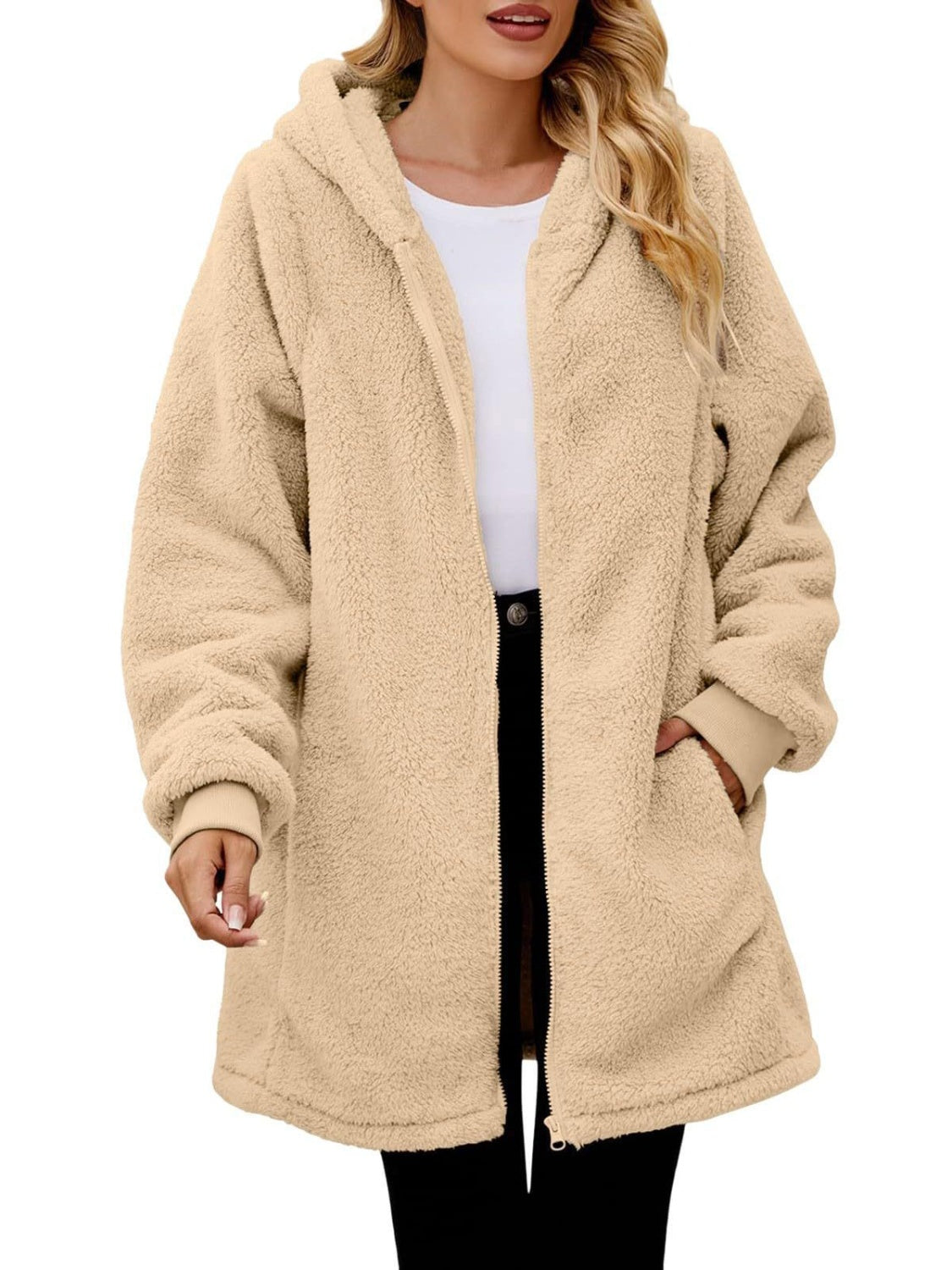 Fuzzy Pocketed Zip Up Long Sleeve Hooded Jacket Trandify Deal